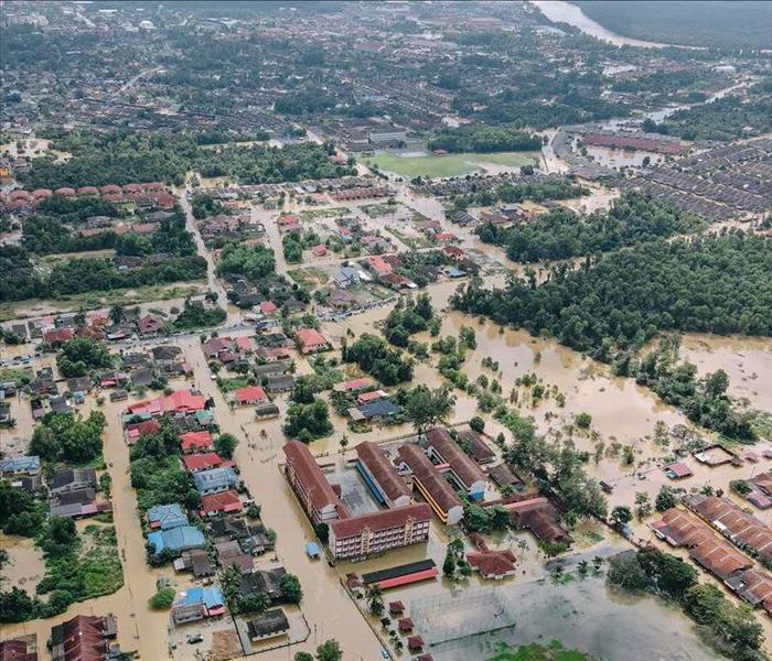 Town affected by wide spread flood water.